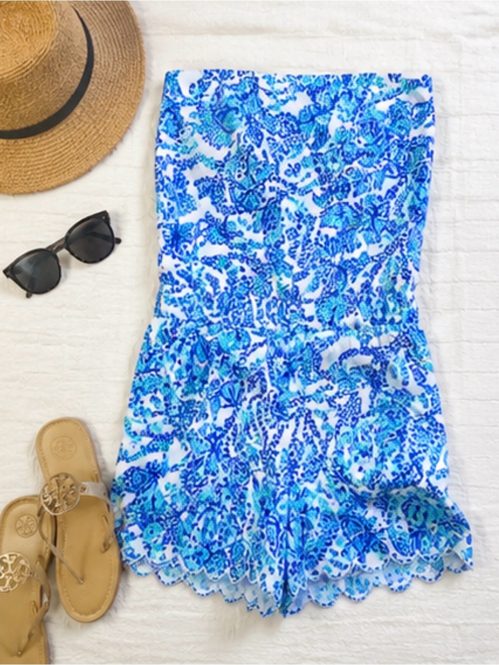 Lilly Pulitzer Blue & White Strapless Floral Romper with Scalloped Hem